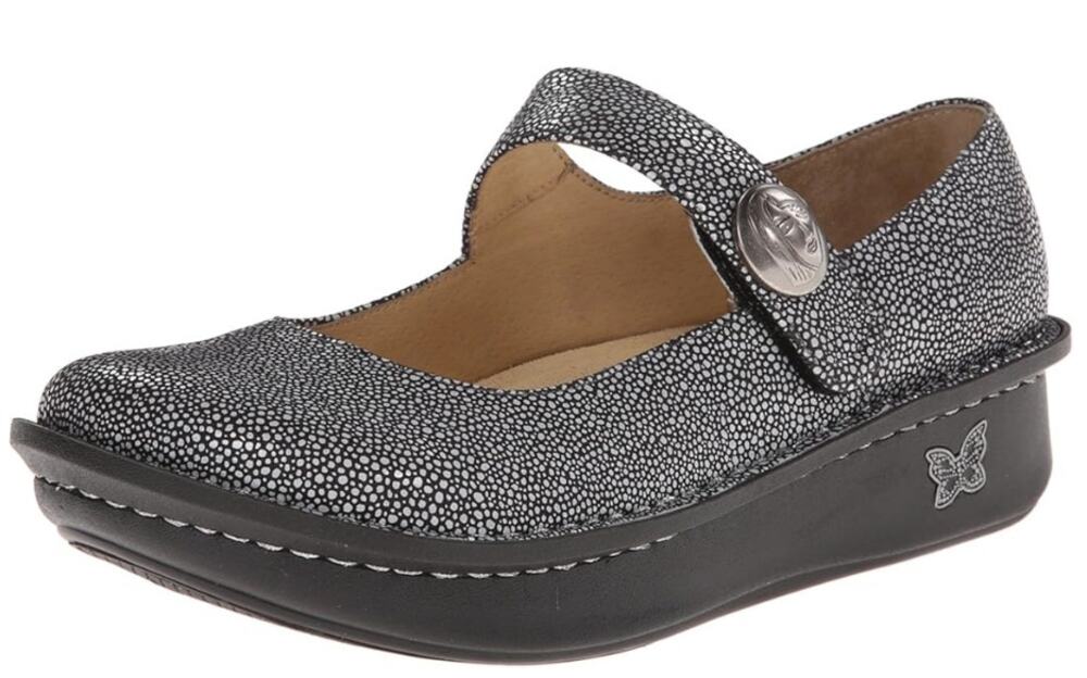 Alegria Paloma Mary Janes Leather Hook Loop Memory Foam Silver Dots Black 7